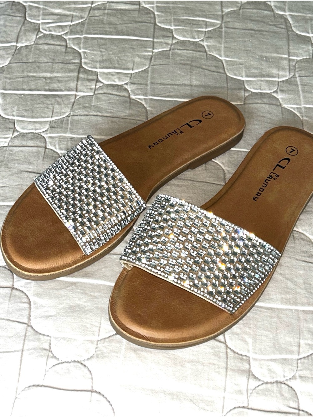 CL by Laundry Silver Rhinestone Slide Sandals - Brown Footbed
